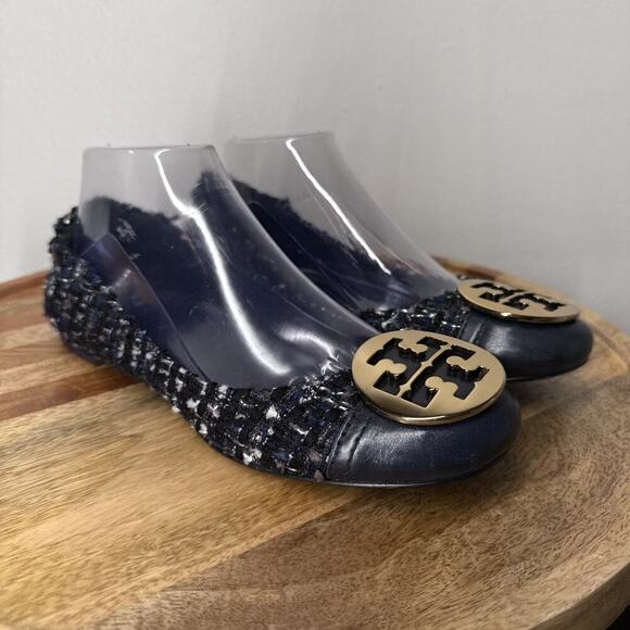 TORY BURCH Serena Reva Rare Navy White Boucle Tweed Ballet Flat Sz 8.5 $225‎ - Picture 1 of 13
